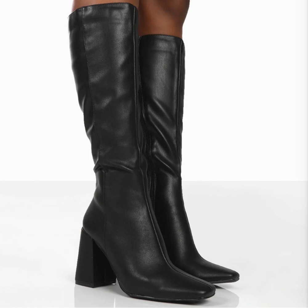 Public Desire Apology Black Pu Knee High Block Heel Boots Size US 7